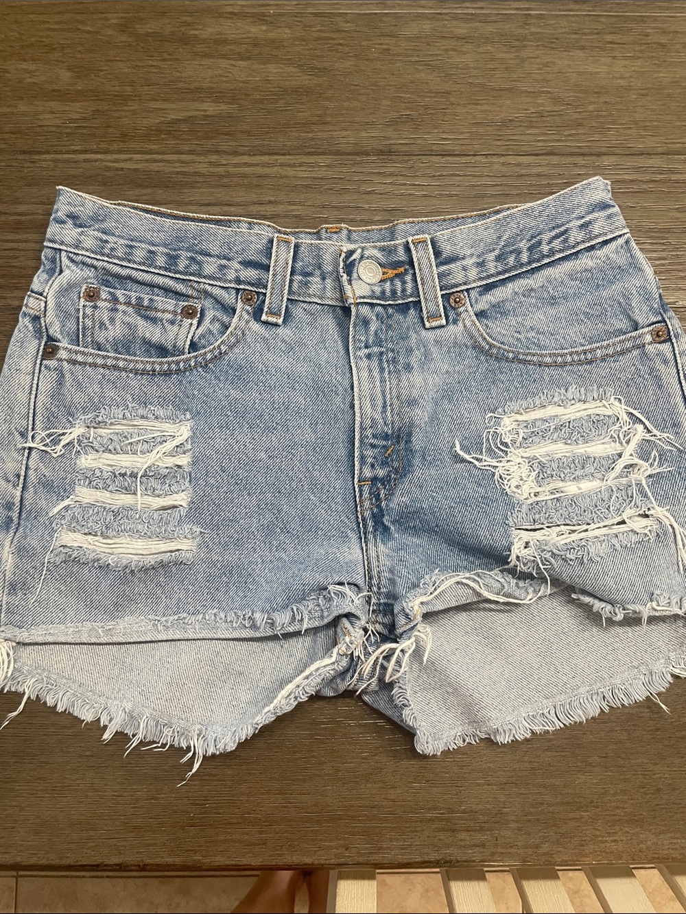Levi's 505 Light Blue Distressed High-Rise Jean Shorts